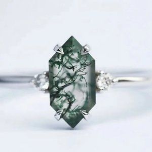 Lilian 925 Hexagon Shape Moss Agate Gemstone Engagement Ring 14k Yellow Gold Dai